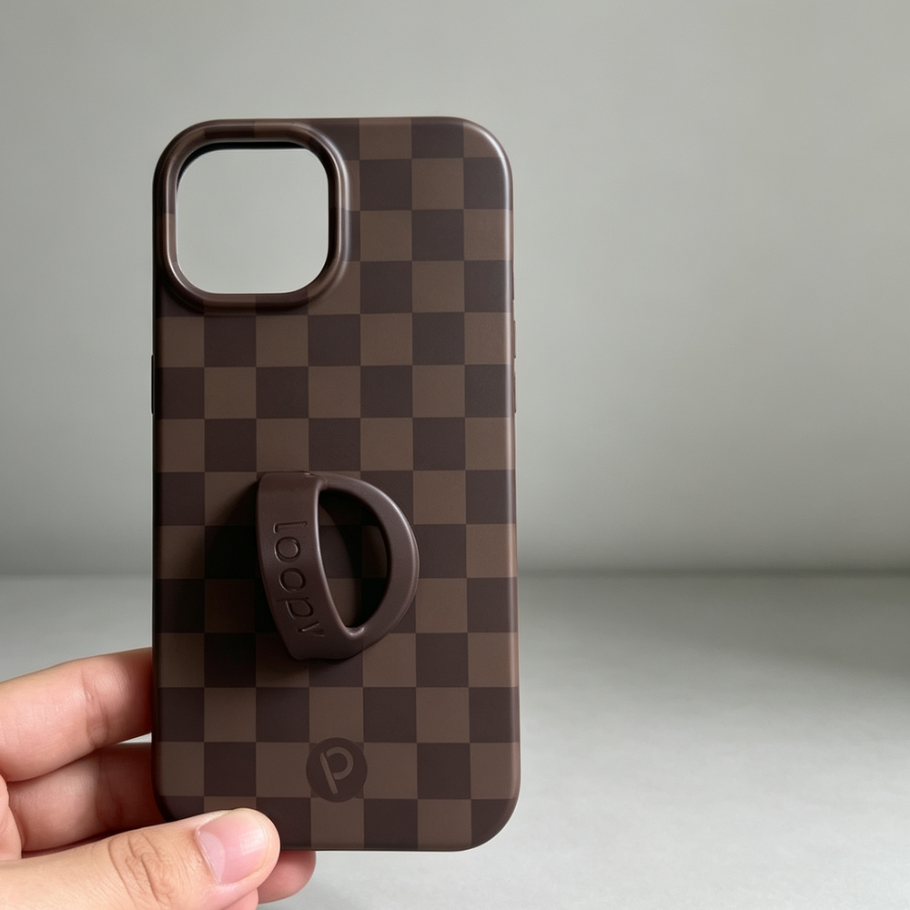 Loopy Cases iPhone 15 Brown Checkered Loop Grip Phone Case Protective